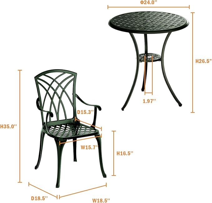Patio Bistro Set 3 Piece, Cast Aluminum Bistro Set for 2 w/Umbrella Hole, Outdoor Table and Chairs Set of 2, Bistro Set for Balcony/Backyard/Garden, Green