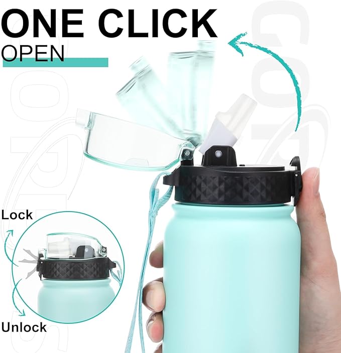 GOPPUS 32 oz Sports Water Bottle 1 Liter Double Wall Insulated Stainless Steel Water Bottles with Straw Lid Reusable Leak proof Metal water bottles with Strap Handle(Green 1 lid)