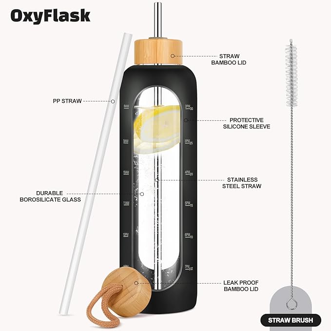 Glass Water Bottles 32 oz - 32 ounce Glass Drinking Bottle with 2 Bamboo Lids Time Marker and Silicone Sleeve, 1 Liter Wide Mouth Motivational Glass Water Bottle with Straw for Travel Daily Intake