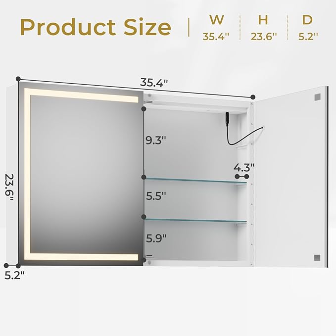 Hasuit Lighted Medicine Cabinet with Mirror, Wall Mounted Bathroom Mirror with Storage, 2 Doors Bathroom Wall Cabinet with LED Lights, 35.4'' x 23.6''