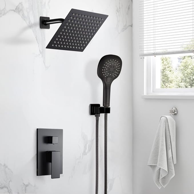 POP SANITARYWARE Black Shower System Bathroom Rainfall Shower Faucet Set Complete Wall Mounted 8 Inch Shower Head and Handle Set with Rough-in Valve Body and Trim Kit