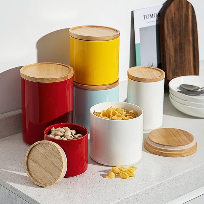 Sweejar Kitchen Canisters Ceramic Food Storage Jar, Stackable Containers with Airtight Seal Wooden Lid for Serving Coffee Bean, Flour, Tea, Cookies and More - 58 Fl Oz (Red)