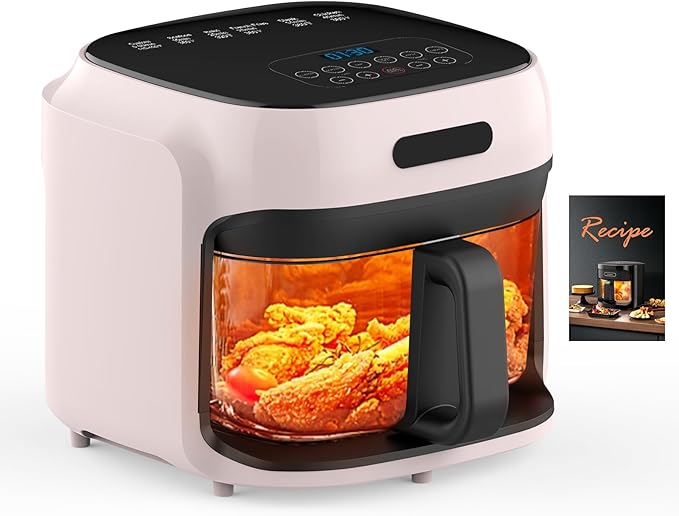 Glass Air Fryer, 7.6QT with Transparent Fry Bowl, Circulating Heating, Temperature Control, Air Fryer Roast, Dishwasher Safe (Pink)