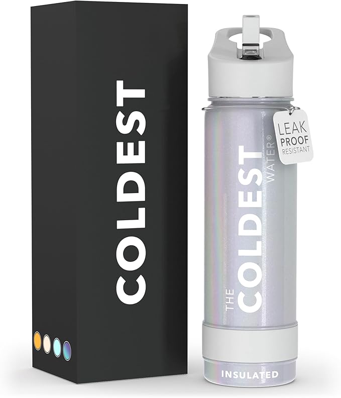 Coldest Sports Water Bottle with Straw Lid Vacuum Insulated Stainless Steel Metal Thermos Bottles Reusable Leak Proof Flask for Sports Gym (24 oz, Supernova Silver Glitter)