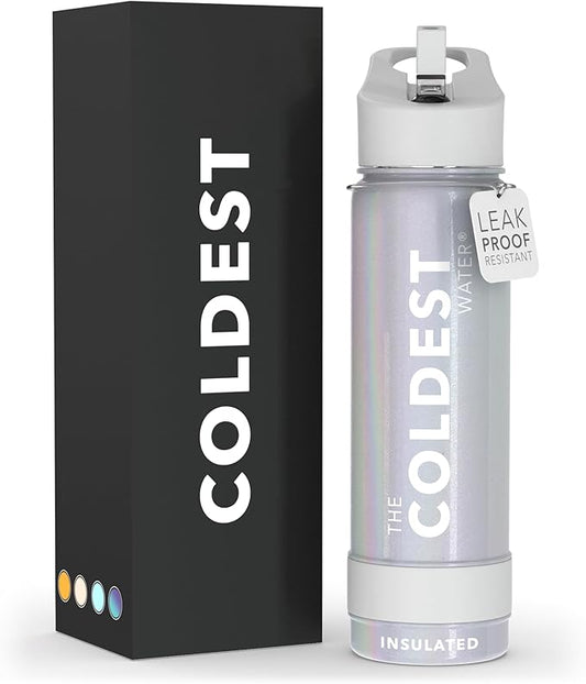 Coldest Sports Water Bottle with Straw Lid Vacuum Insulated Stainless Steel Metal Thermos Bottles Reusable Leak Proof Flask for Sports Gym (24 oz, Supernova Silver Glitter)