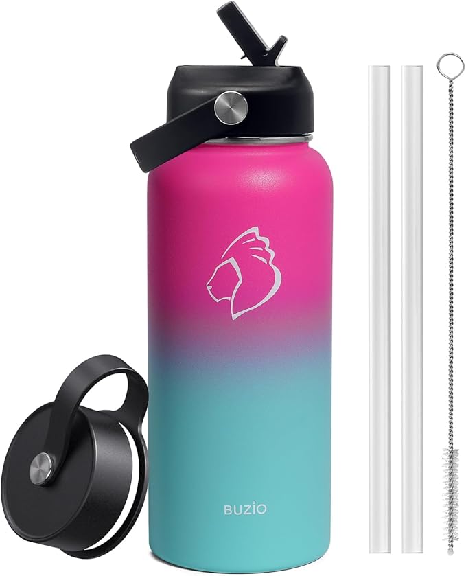 BUZIO Insulated Water Bottle with Straw Lid and Flex Cap, 32oz Double Wall Vacuum Stainless Steel Thermo with Wide Mouth Lid, Cold 48 Hrs Hot 24 Hrs Sweat Proof Flask, Rose and Green