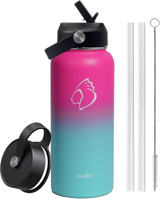 BUZIO Insulated Water Bottle with Straw Lid and Flex Cap, 32oz Double Wall Vacuum Stainless Steel Thermo with Wide Mouth Lid, Cold 48 Hrs Hot 24 Hrs Sweat Proof Flask, Rose and Green