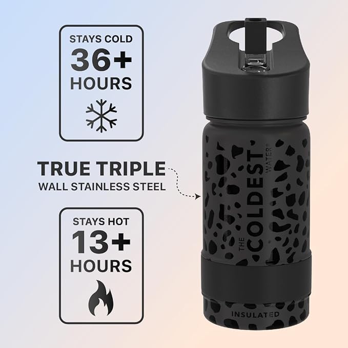 Coldest Sports Water Bottle - Straw Lid Bottle with Handle Leak Proof, Vacuum Insulated Stainless Steel, Double Walled, Thermo Mug, Metal | Black Leopard 14 oz