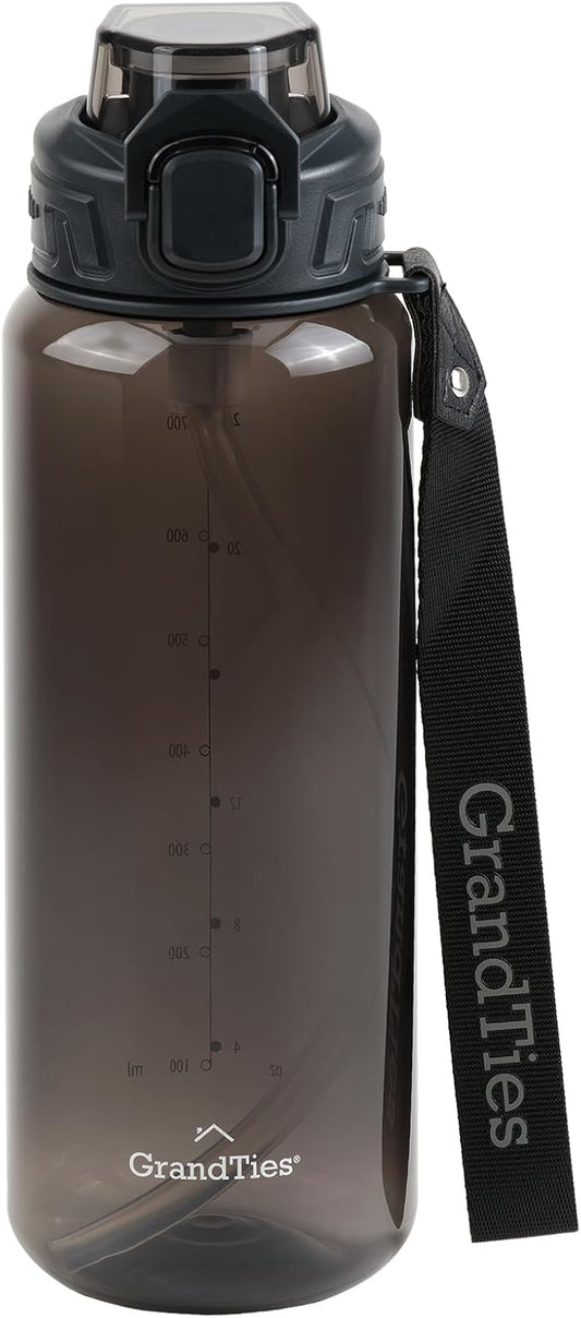 GRANDTIES Sports Tritan Plastic Water Bottle with Straw, Removable – Leakproof BPA Free Dishwasher Safe Travel Water Bottle with Strap for Gym, Outdoor, Fitness (Midnight Black, 28oz (800mL))