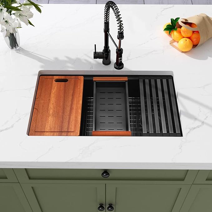 Black Undermount Kitchen Sink,16 Gauge Stainless Steel Sinks,Single Bowl Workstation Sink,Modern Kitchen Sink Offset Drain (33" X 18")