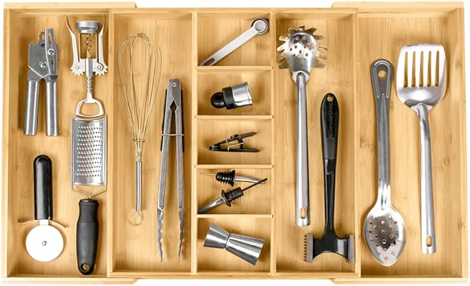 KitchenEdge Adjustable Kitchen Drawer Organizer for Utensils and Junk, Food-Safe Contract Grade with 100% Sustainable Wood, Expandable from 16 to 28 Inches Wide - Natural Bamboo