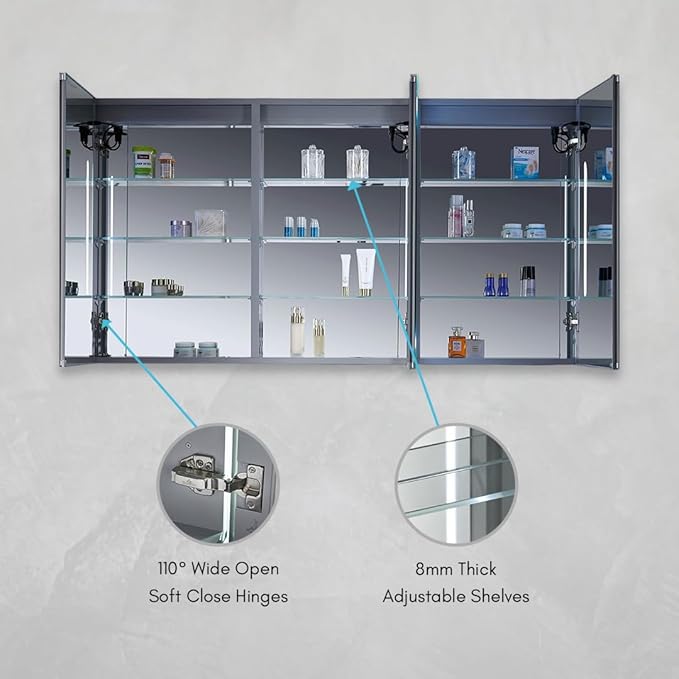 Blossom 60-Inch LED Lighted Mirror Medicine Cabinet | Recessed or Surface Mount Bathroom Cabinet | One Touch Built-in Defogger | Dimmer | Makeup Mirror | 3 Adjustable Glass Shelves