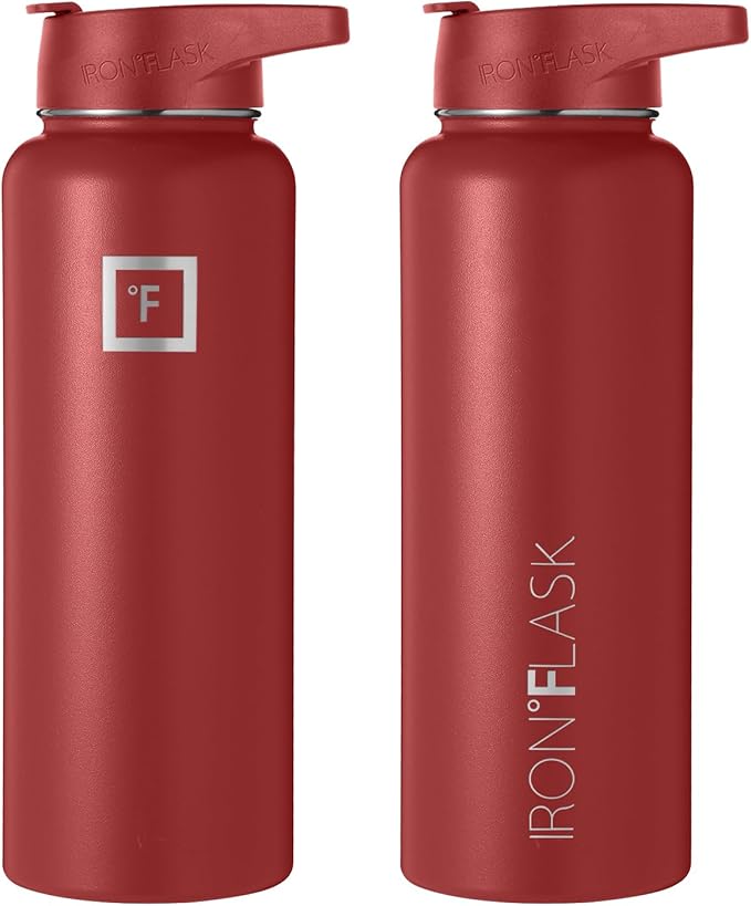 IRON °FLASK Sports Water Bottle - 40 Oz 3 Lids (Straw Lid), Leak Proof - Stainless Steel Gym & Sport Bottles for Men, Women & Kids - Double Walled, Insulated Thermos, Metal Canteen, Rusty Red