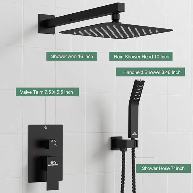SunCleanse Shower System Rainfall Shower Faucets Set Matte Black, 10 Inch Wall Mounted Rain Shower Head with Handheld Spray Shower Valve and Trim Included