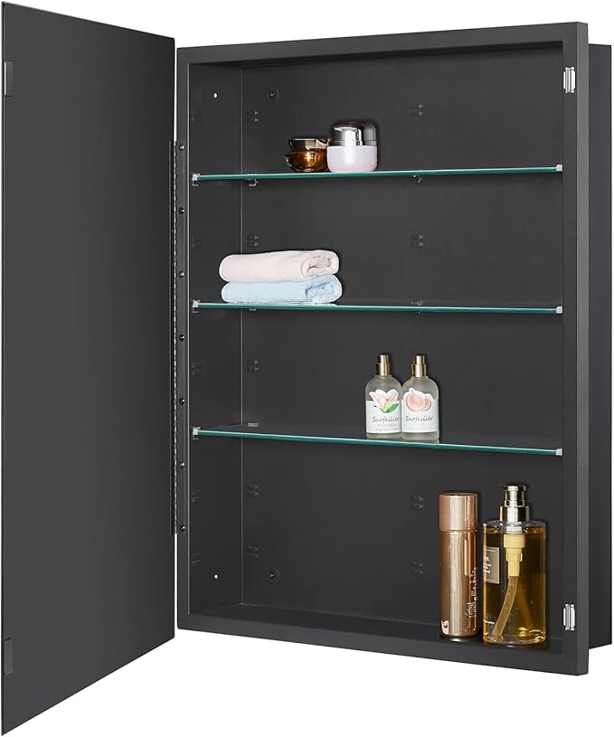 Black Bathroom Medicine Cabinet with Beveled Edge Mirrored Door 24 x 30 inch, Recessed or Surface Mount, with Adjustable Glass Shelves