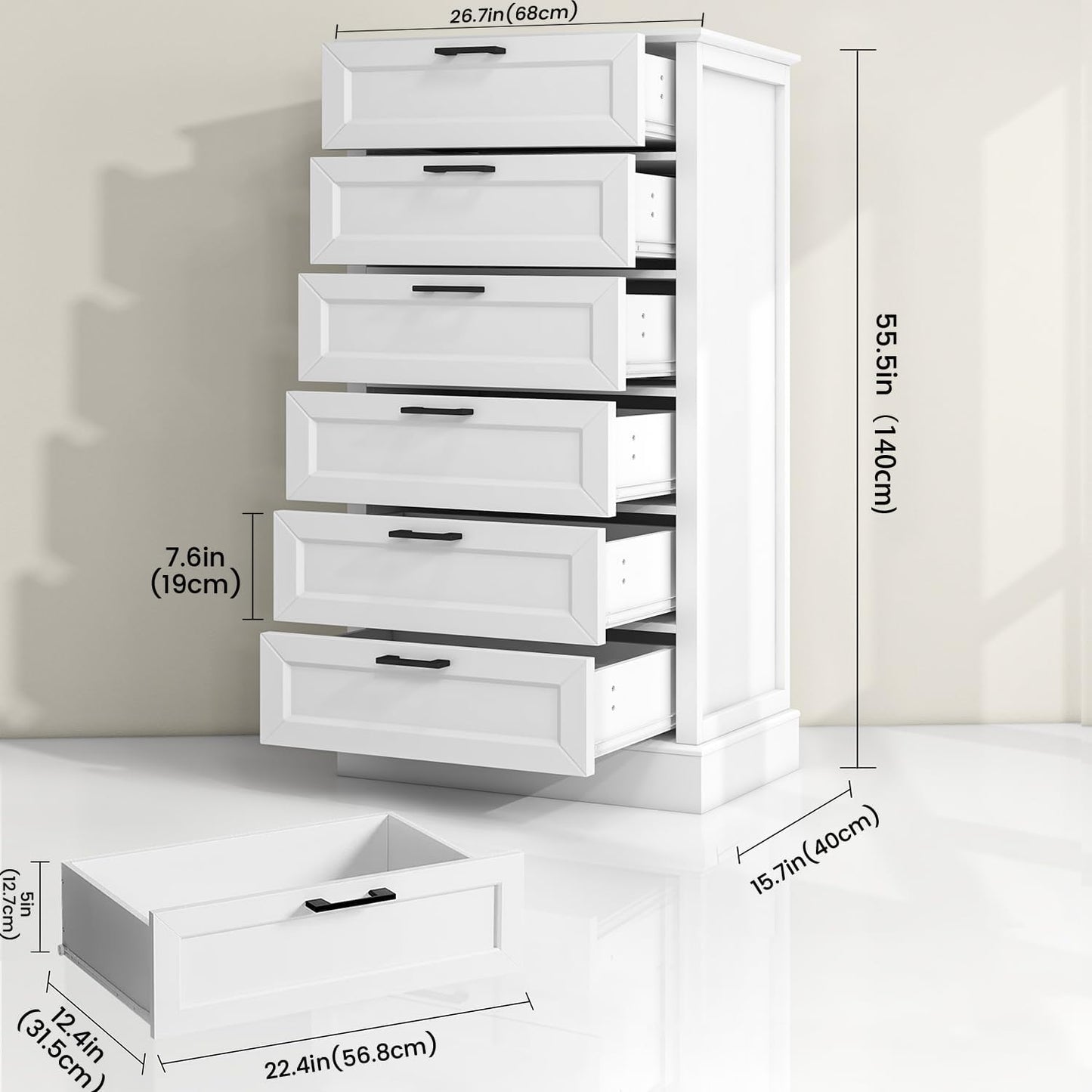 White 6 Drawer Dresser, 55 Inch Tall White Dresser for Bedroom, Modern Farmhouse Style Chest of Drawers for Bedroom Living Room, Wood Rustic Tall Clothing Organizer for Closet, Living Room, Hallway