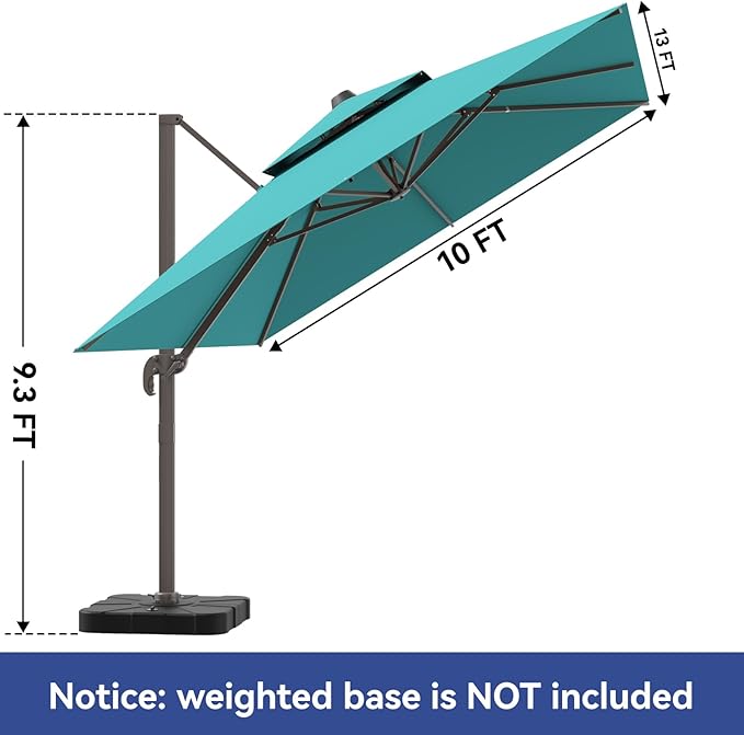 10x13FT Cantilever Outdoor Patio Umbrellas, Double Top Large Rectangle Umbrella, Heavy Duty 360° Rotation Offset Outdoor Sun Shade Umbrella for Garden Deck Pool Backyard, Turquoise