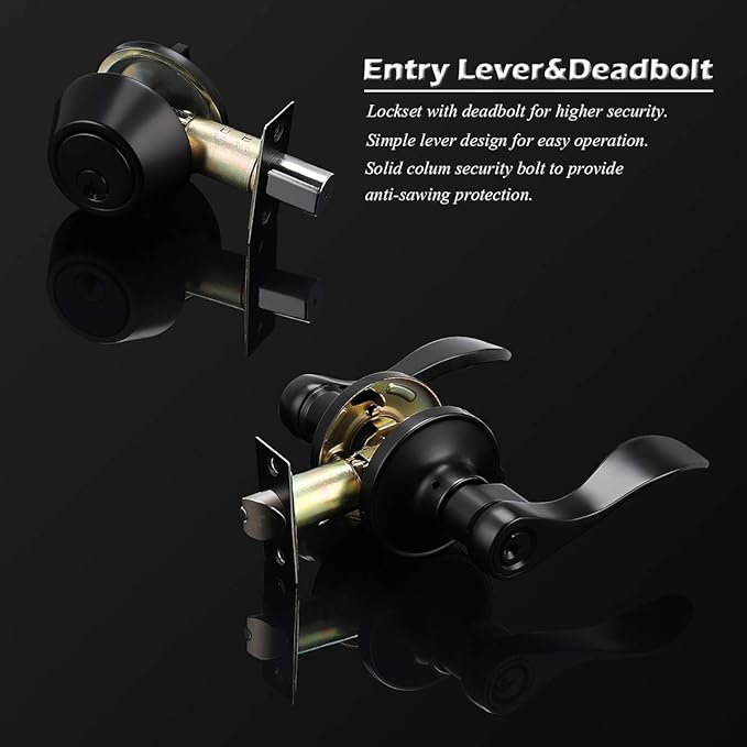 Gobrico 10 Sets Black Entry Levers and Single Cylinder Deadbolt Locksets with Same Key,Keyed Alike Entrance Locks,Drop/Wave Lever Style