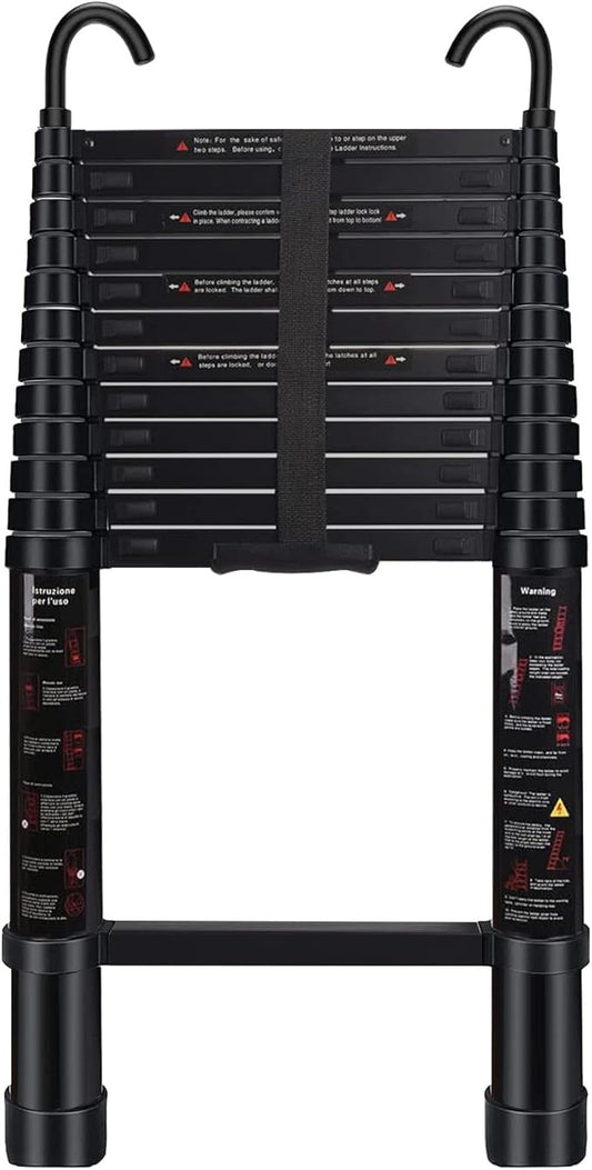 Telescoping Ladder 16 FT - Aluminum Telescopic Ladder with Hooks - Folding Extension Ladders for Home Work Loft Roof Attic RV Ladder with EN131 Certification - 330lbs Max Capacity (Black)