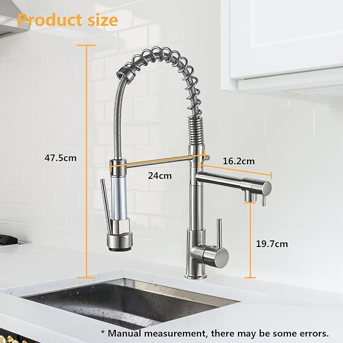 Commercial Kitchen Faucet with Pull Down Sprayer, Brushed Nickel Kitchen Sink Faucet with Pot Filler,Dual Spout Spring Stainless Steel Kitchen Faucets Pull-Out Kitchen Faucet for RV, Farmhouse, Camper