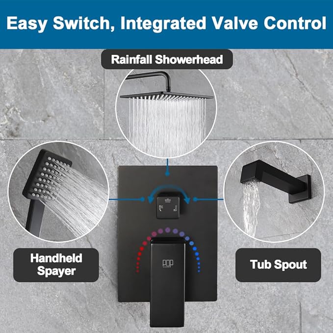 POP SANITARYWARE Matte Black Shower Tub Faucet Set Bathroom Rain Shower System with Tub Spout Wall Mounted Rainfall 10 Inch Shower Head and Handle Set Include Shower Valve and Trim Kit