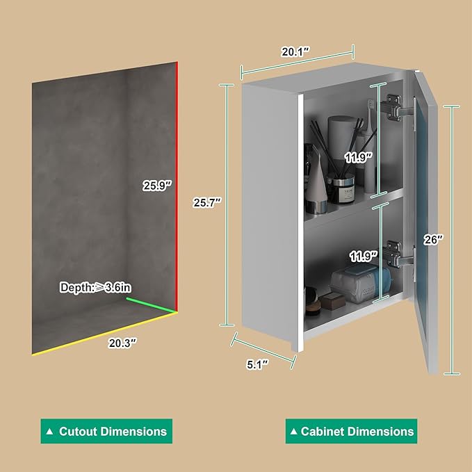 20x26 Inch Medicine Cabinet with LED Light Mirror, Brightneess Adjustable and Full-Assembled Bathroom Aluminum Cabinet with Storage, Surface or Recessed Tempered Cabinet, Farmhouse Sliver
