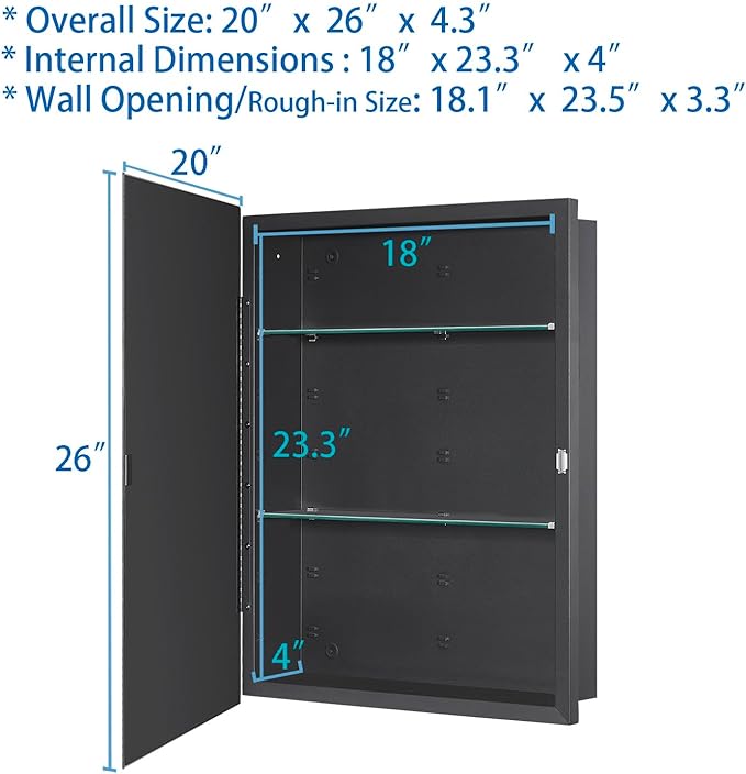 Black Bathroom Medicine Cabinet with Beveled Edge Mirrored Door 20 x 26 inch, Recessed or Surface Mount, with Adjustable Glass Shelves