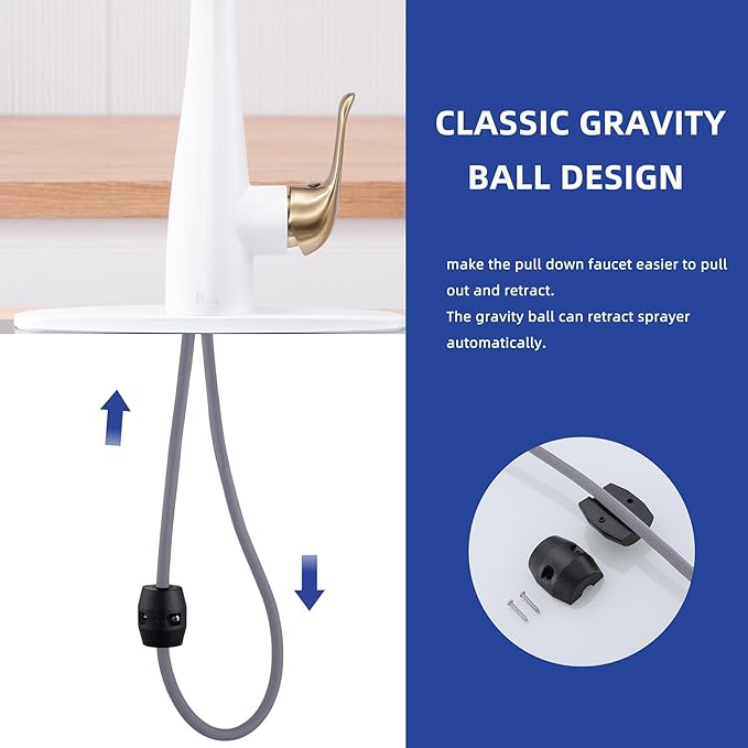 Kitchen Faucet with Soap Dispenser and Pull Down Sprayer - Stainless Steel Single Handle Kitchen Sink Faucet, 1 or 3 Hole Design for Modern Farmhouse Kitchens, Rv, and Bar Sinks (Whit and Gold)