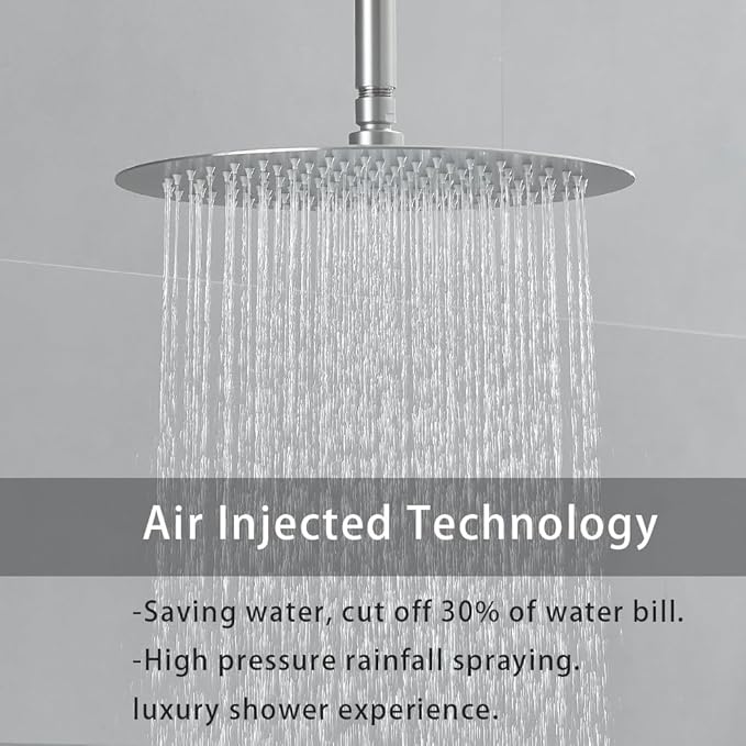 Brushed Nickel Ceiling Mount Round Rain Shower System with 16 Inch Shower Head and Handheld Bathroom Shower Set Contain Shower Faucet Trim Kit (Mixer Valve Included)