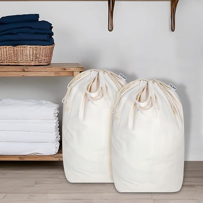 Canvas Laundry Bags with Handles & Square Base13.8"x 13.8", Large Heavy Duty Laundry Basket Hamper Liner, College Dorm Washable Drawstring Cotton Dirty Clothes Bag (Beige,2 Pack)