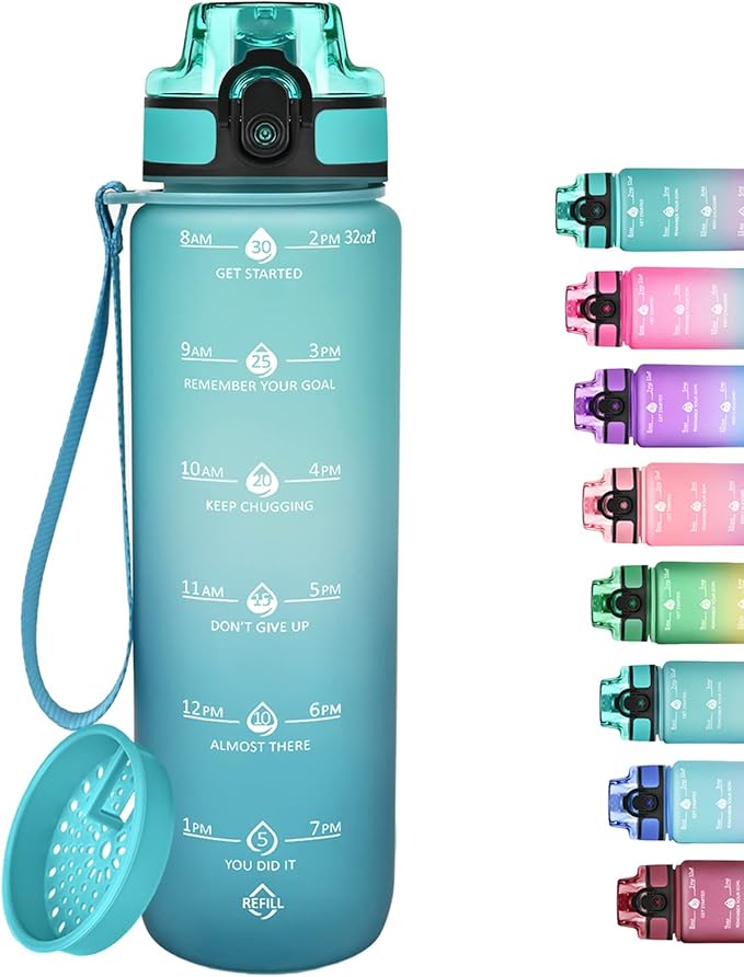GOSWAG 32oz Motivational Water Bottles with Time Marker and Fruit Strainer, Sports Water Bottle with Times to Drink, Leakproof, Reusable Plastic Bottle with Strap no Straw for Gym, School