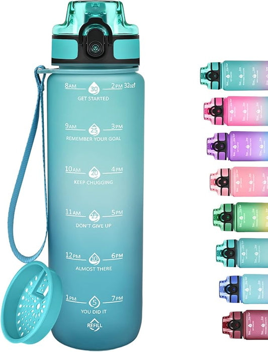 GOSWAG 32oz Motivational Water Bottles with Time Marker and Fruit Strainer, Sports Water Bottle with Times to Drink, Leakproof, Reusable Plastic Bottle with Strap no Straw for Gym, School