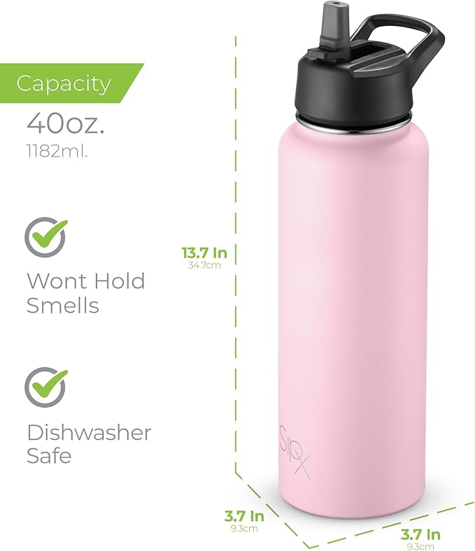 SipX™ Triple-Insulated Stainless Steel Water Bottle 40oz. With 3 Lids, BPA-Free Reusable Insulated Water Bottle Keeps Cold 24 Hours, Metal Water Bottle Made Of Sustainable Material For Hiking & Biking