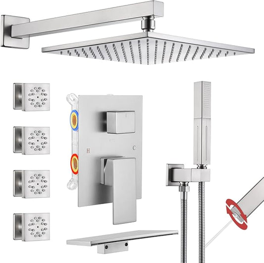 VANFOXLE Shower Faucet Set Brushed Nickel Shower System,Four Modes Shower Faucet with 2 in 1 Handheld,Wall Mount 10 Inch Shower Head with Waterfall Spout, 4 PCS Dual Modes Body Jets
