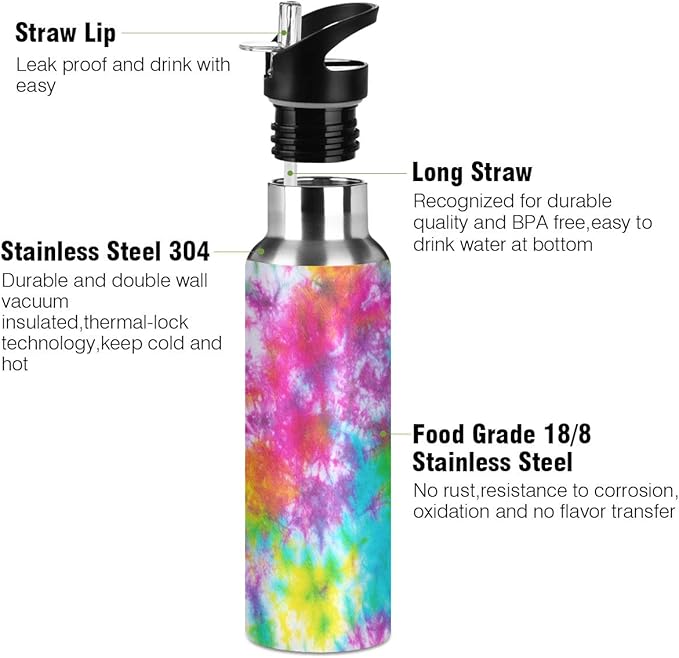 22 OZ Colorful Tie Dye Pattern Water Bottle with Straw - BPA Free Leakproof Stainless Steel Water Bottle for Women Men Water Jug for Fitness Gym Outdoor Sport