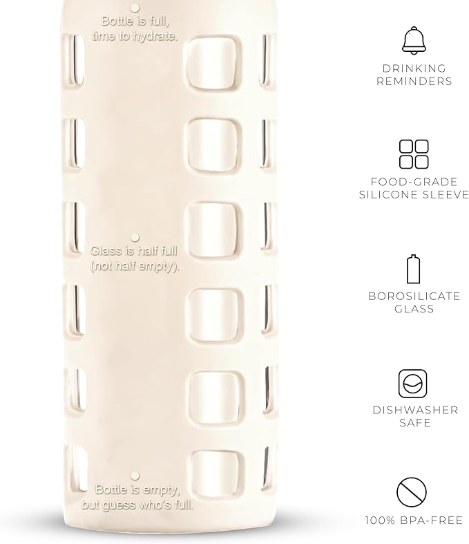 purifyou Premium Glass Water Bottles, 40/32 / 22/12 oz Reusable Drinking Bottle with Time & Volume Markings Silicone Sleeve & Stainless Steel Lid for Water, Coffee, & Fruit Juice (12oz Pearled Ivory)