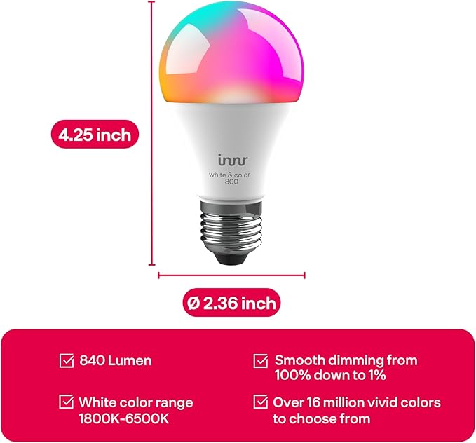 innr Zigbee A19 Smart Bulb, Works with Hue*, Alexa, SmartThings (Hub Required), White & Color, E26 LED Bulb, Color Changing Light Bulb, up to 16 Million Colors, Dimmable, 840 Lumen, 2-Pack