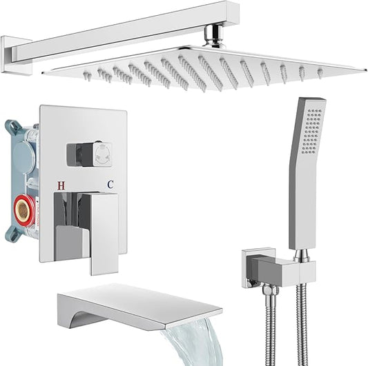 gotonovo Shower System with Tub Spout,Waterfall Tub Shower Faucet Set for Bathroom Head and Handle Set Wall Mounted 3 Function Rough-in Valve and Trim Included 12 inch Shower Head Polished Chrome