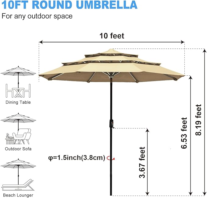 Eurmax USA 10-Year-Non-Fading 10Ft 3 Tiers Market Umbrella Outdoor Patio Umbrella Table Umbrella with 8 Ribs,Hand Crank and Ventilation (Sand)