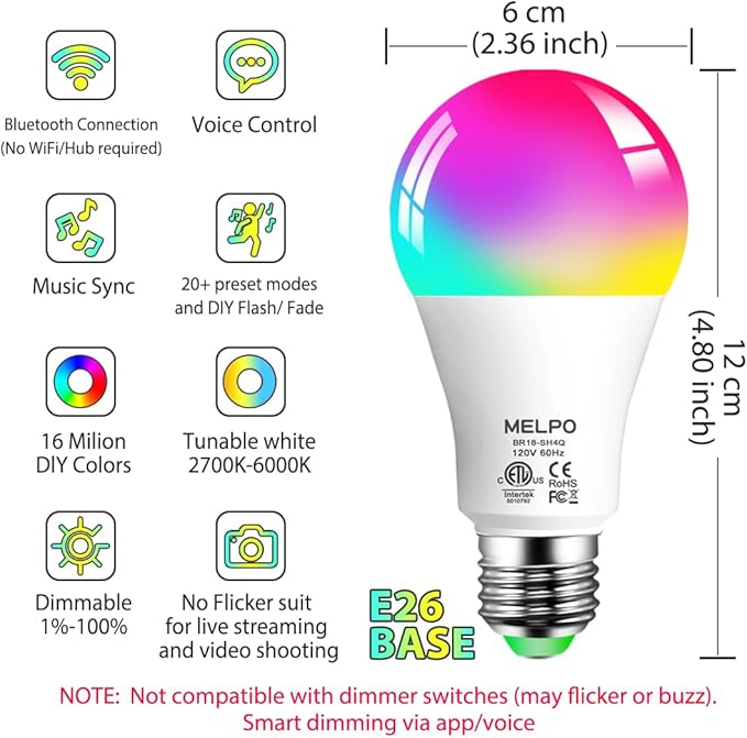 MELPO Smart Light Bulbs, 1300LM Color Changing Light Bulb, 16 Million Colors, Tunable White Alexa Light Bulbs, Music Sync, DIY Flash, Timing, A19 E26 Smart Bulbs, 130W Equivalent, No WiFi Required.