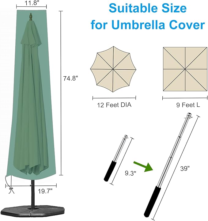 OKPOW Patio Umbrella Cover for 9ft to 12ft Outdoor Umbrellas - 420D Waterproof Garden Market Umbrella Cover Outside Parasol Covers with Zipper for Deck Pool Beach Umbrellas, Green