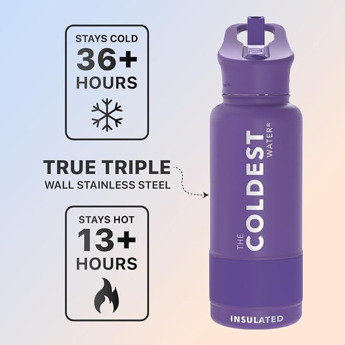 Coldest Sports Water Bottle with Straw Lid Vacuum Insulated Stainless Steel Metal Thermos Bottles Reusable Leak Proof Flask for Sports Gym (Purple, 32 oz Wide Mouth)