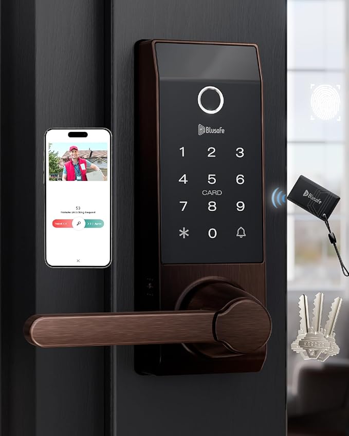 Smart Lock Doorbell Fingerprint Smart Door Lock Deadbolt for Homeowners or Parents Door Lock with Camera and Door Handle for Renters, Keyless Entry Door Lock for Front Door (Contour Sand Nickel)