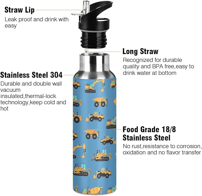 Excavator Concrete Mixer Stainless Steel Water Bottle with Straw Lid - 20 Oz Sports Insulated Water Bottle Thermos for Sport Gym Outdoor Travel School
