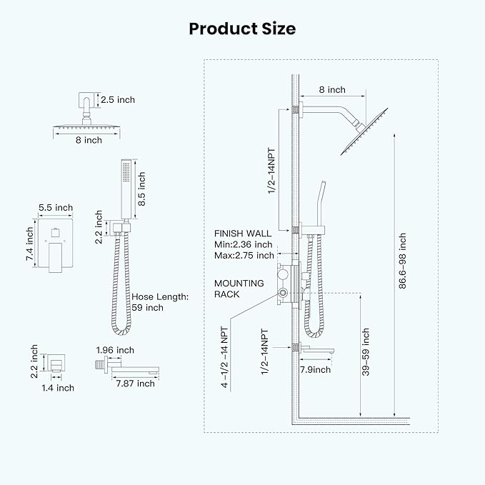 gotonovo Rainfall Tub Shower Faucet Set Bathroom Shower System with Tub Spout Wall Mount Square High Pressure Shower Fixtures with Handheld Sprayer Rough-In Valve 8'' Shower Head,Matte Black