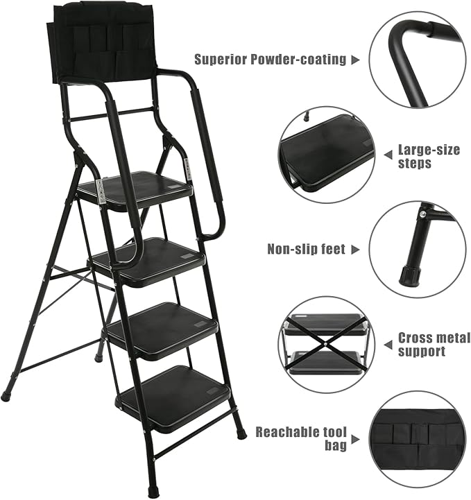 WiberWi 4 Step Ladder with Handrails 500 lb Capacity Step Stool Folding Portable Ladders for Home Kitchen Steel Frame with Non-Slip Wide Pedal Stepladder with Attachable Tool Bag Black
