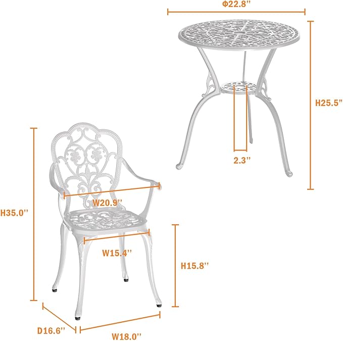 Patio Bistro Set of 2, Cast Aluminum, Outdoor Set w/Umbrella Hole, 3 Piece Table and Chairs Set, Bistro Set for Backyard/Garden/Lawn, White