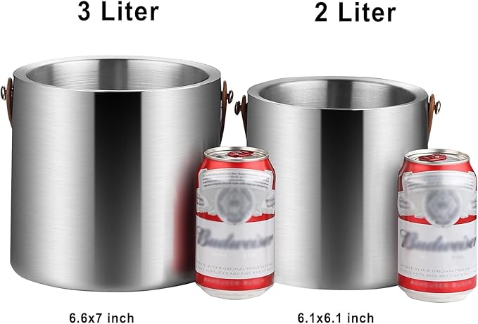 Stainless Steel Double-Wall Insulated Ice Bucket with Lid, Scoop, Tong, Strainer, Leather Handle Keep Ice Frozen Longer Large Wine Ice Buckets for Parties Cocktail Bar Chilling Champagne 2L