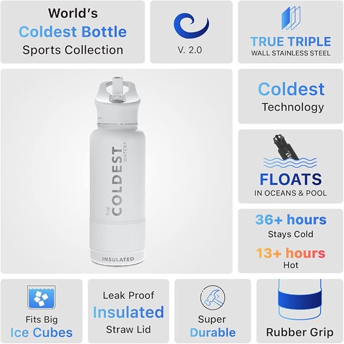 Coldest Sports Water Bottle with Straw Lid Vacuum Insulated Stainless Steel Metal Thermos Bottles Reusable Leak Proof Flask for Sports Gym (Epic White)