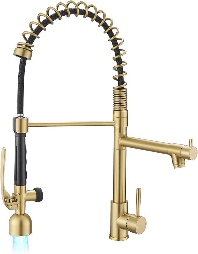 Fapully Single Handle High Arc Brushed Gold Pull Down Kitchen Faucet LED,Single Level Kitchen Sink Faucets with Pull Down Sprayer